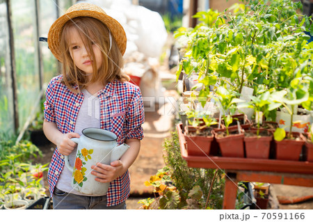 Adorable small girl kid in hat watering seedlings Adorable small girl kid in hat watering seedlings 70591166