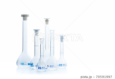 Erlenmeyer flasks on reflective isolated on  white background, 70591997