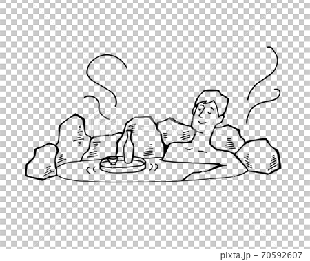 手書き風：お酒を片手に温泉でリラックスする男性のイラスト 70592607
