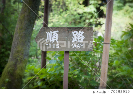 森の中に設置されている「順路」と書かれた案内板 森の中に設置されている「順路」と書かれた案内板 70592919