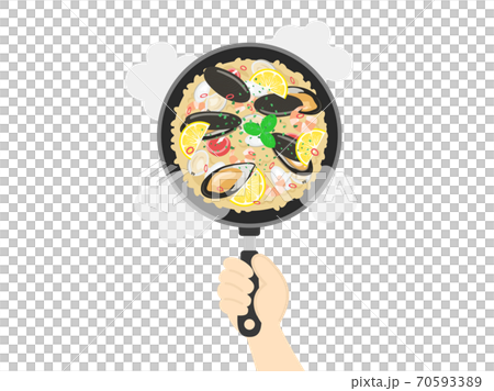 Illustration of cooking paella in a frying pan Illustration of cooking paella in a frying pan 70593389
