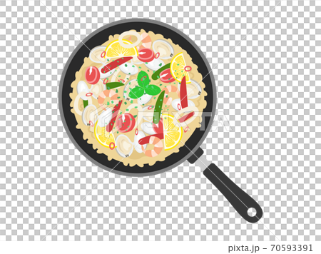 Illustration of cooking paella in a frying pan Illustration of cooking paella in a frying pan 70593391