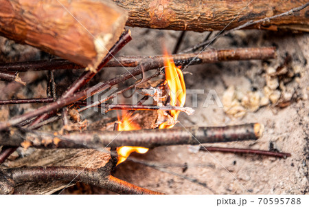 Lighting fire on logs. The first fire on thin rods. Lighting fire on logs. The first fire on thin rods. 70595788