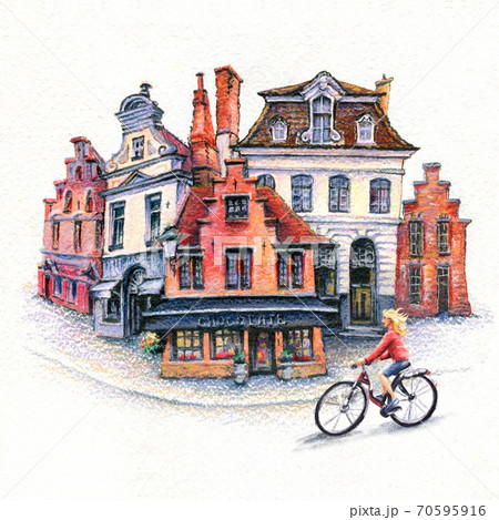Girl Cyclist On Bruges Street Belgium Stock Illustration