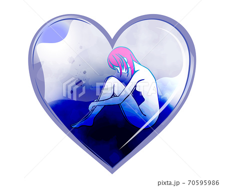 膝を抱えた女性 孤独 鬱病 辛い 悲しい 青 ハート 心 気持ちのイラスト素材
