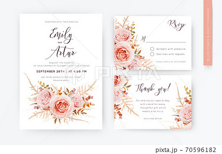 Elegant vector wedding invite, rsvp, thank you card template set. Blush peach rose flowers, autumn brown beige, burnt orange Eucalyptus branches foliage, fern frond decorative watercolor style bouquet 70596182