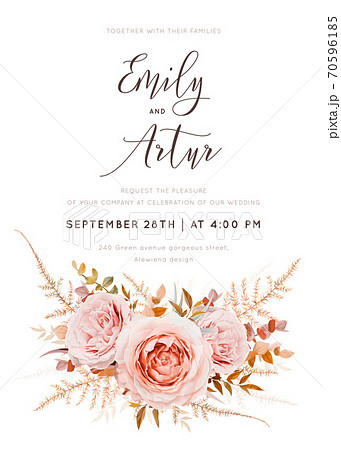 Vector watercolor style wedding invite, invitation card. Blush peach rose flowers, autumn brown camel beige, burnt orange Eucalyptus branches foliage, fern leaves bouquet. Bohemian chic elegant design Vector watercolor style wedding invite, invitation card. Blush peach rose flowers, autumn brown camel beige, burnt orange Eucalyptus branches foliage, fern leaves bouquet. Bohemian chic elegant design 70596185
