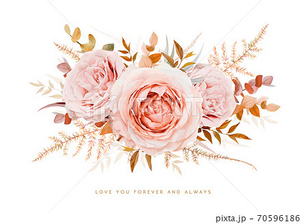 Vector floral bouquet design. Blush peach Roses, taupe, brown beige cream autumn Eucalyptus branches, leaves, fall burnt orange fern. Elegant watercolor wedding invite card decorative isolated element Vector floral bouquet design. Blush peach Roses, taupe, brown beige cream autumn Eucalyptus branches, leaves, fall burnt orange fern. Elegant watercolor wedding invite card decorative isolated element 70596186