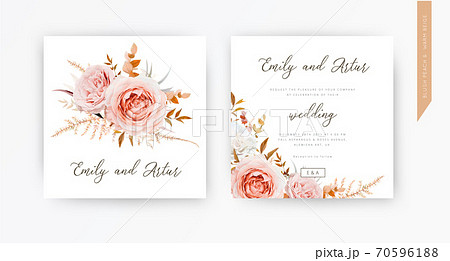 Vector wedding invite card, design. Blush peach flowers, ivory white Rose, autumn brown, beige, orange, sepia Eucalyptus branches, foliage, asparagus fern leaves decorative bouquet border template set 70596188