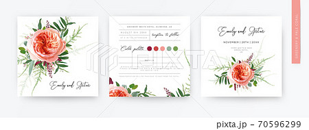 Wedding vector art floral minimalist watercolor style invite card, greeting design. Pale coral Juliette rose, greenery leaves, burgundy seeds, tender fern bouquet. Elegant, stylish trendy template set 70596299