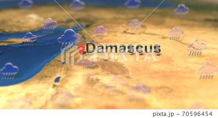 Rainy weather icons near Damascus city on the map, weather forecast related 3D rendering Rainy weather icons near Damascus city on the map, weather forecast related 3D rendering 70596454
