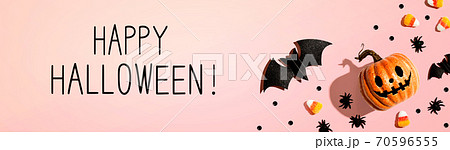 Happy Halloween message with Halloween decorations 70596555