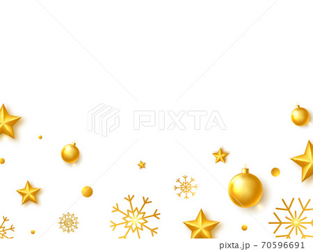 Celebration background with bright gold balls, stars and snowflakes. Luxury Holiday border. Christmas greeting card. Chic New Year frame. Realistic golden glass xmas toys. Vector illustration 70596691