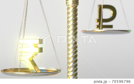 Rupee INR sign weighs less than Ruble symbol on golden balance scales, conceptual 3d rendering Rupee INR sign weighs less than Ruble symbol on golden balance scales, conceptual 3d rendering 70596796