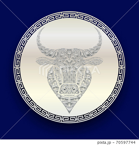 Silver patterned head of a bull on a white metal disk. Face of ox symbol of new 2021 year on a blue background. Template for envelope, banner, poster, greeting cards. Silver patterned head of a bull on a white metal disk. Face of ox symbol of new 2021 year on a blue background. Template for envelope, banner, poster, greeting cards. 70597744