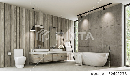 Loft style bathroom with wood plank and concrete wall 3d render 70602238