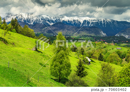 Summer landscape with snowy mountains near Brasov, Transylvania, Romania, Europe Summer landscape with snowy mountains near Brasov, Transylvania, Romania, Europe 70603402