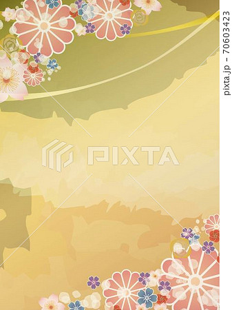 和風の花柄と金色の背景のフレーム 縦のイラスト素材