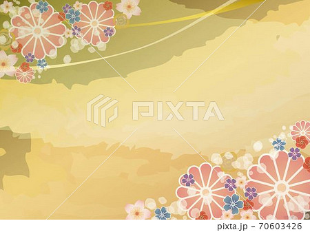 和風の花柄と金色の背景のフレーム 横のイラスト素材