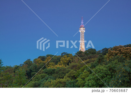 Prague Lookout Tower after Dark. Built on Petrin hill, sometimes also called small Eiffel Tower. 70603687
