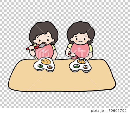 食事をする双子の女の子のイラストのイラスト素材