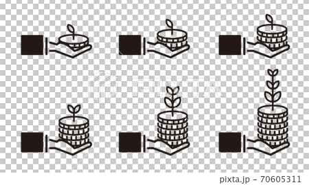 コインを手に乗せているイラストセット 資産運用のイメージアイコン のイラスト素材