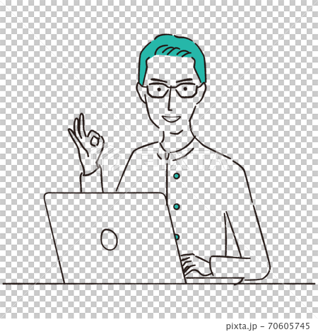 Hand-painted 1color handsome boy with glasses in an OK pose in front of the PC 70605745
