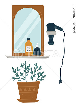 Bathroom interior, mirror and hair dryer with plant 70606483