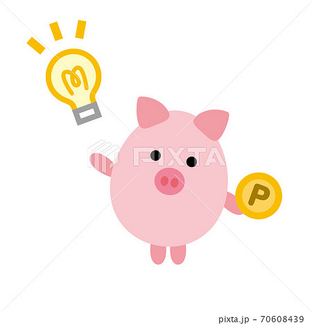 ポイントを持って思いついた貯金ブタ キャラクターのイラスト素材 70608439 Pixta