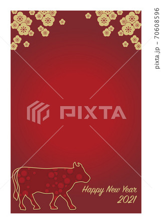 2021年賀状テンプレート・赤背景・ハガキサイズ縦 70608596