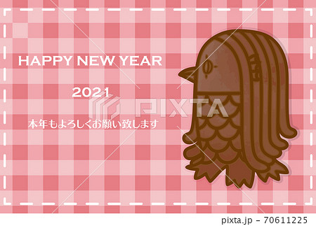 クッキー風アマビエとギンガムチェックの背景の年賀状イラスト 70611225