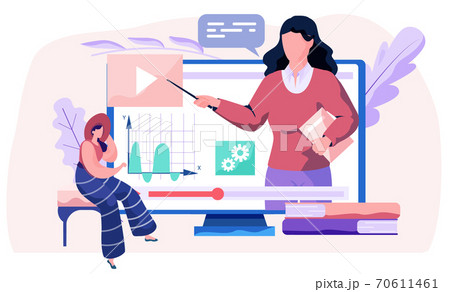 Teacher explains graph. A woman lecturer leads a distance lesson economic statistics to the student Teacher explains graph. A woman lecturer leads a distance lesson economic statistics to the student 70611461