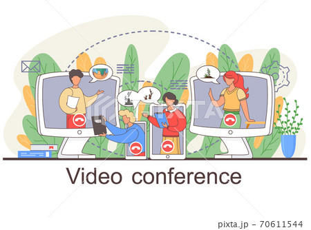 Women and man speaking over web camera, communicating at distance, talking about air pollution 70611544