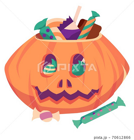 Halloween pumpkin full of candy and sweets isolated on white background. Vector icon illustration. Cute orange pumpkin. Trick or treat 70612866