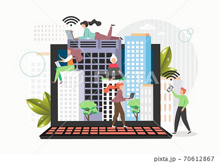 People using mobile devices wireless internet connection flat vector illustration. Free wifi hotspot, public access zone People using mobile devices wireless internet connection flat vector illustration. Free wifi hotspot, public access zone 70612867