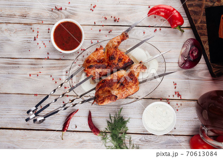 Top view on caucasian grilled chicken skewers Top view on caucasian grilled chicken skewers 70613084
