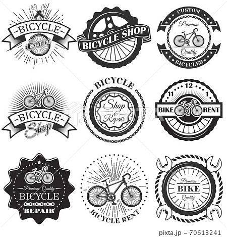 Vector set of bicycle repair shop labels and design elements in vintage black and white style. Bike logo Vector set of bicycle repair shop labels and design elements in vintage black and white style. Bike logo 70613241