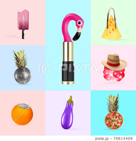 Modern design. Contemporary art collage on multicolored trendy background Modern design. Contemporary art collage on multicolored trendy background 70613409