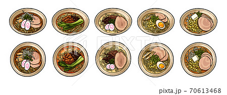 手描き食べ物イラスト 色々なラーメンのイラストセットのイラスト素材