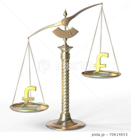 Pound sterling GBP weighs more than another Pound sterling on balance scales. Financial market trend concept. 3d rendering 70614653