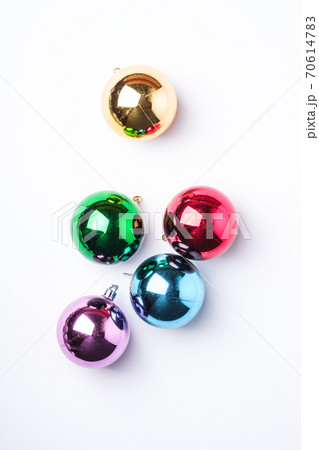 Christmas New Year composition. Gifts, colorful ball decorations on white background. Winter holidays concept. Flat lay, top view 70614783