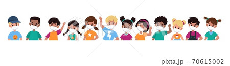 Kids with mask. Children in medical masks for protect disease, flu, smog and covid-19. Multiethnic group boys and girls stop spread viruses beware epidemic cartoon flat vector illustration Kids with mask. Children in medical masks for protect disease, flu, smog and covid-19. Multiethnic group boys and girls stop spread viruses beware epidemic cartoon flat vector illustration 70615002
