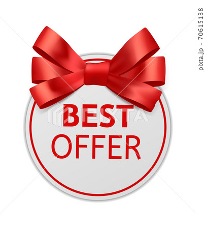 Best offer. Shopping circle label with red bow, cheap product marketing emblem, sale round promotion element with ribbon advertising discount sticker realistic vector illustration 70615138