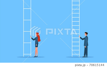 Gender equality. Genders gap, man and woman stand at career ladder, different opportunities. Female discrimination, injustice and sexism symbol feminism and women rights vector flat concept 70615144