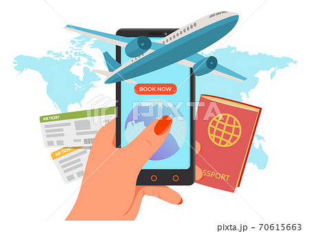 Ticket for airplane at internet application, online mobile travel vector illustration. Web reservation to flight concept, journey 70615663