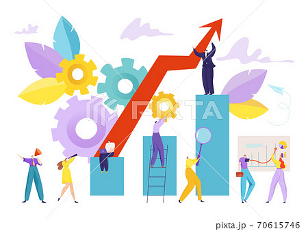 Business finance growth graph, people near recovery arrow, vector illustration. Businessman with success money investment chart. Business finance growth graph, people near recovery arrow, vector illustration. Businessman with success money investment chart. 70615746