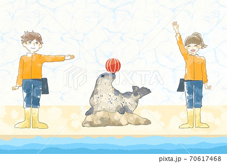 水族館でアザラシのショーをする飼育員さんのイラストのイラスト素材