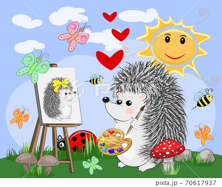 Artist paints a picture of landscape in the nature. Plein Air. illustration in a flat style Artist paints a picture of landscape in the nature. Plein Air. illustration in a flat style 70617937