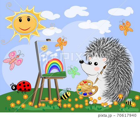 Artist paints a picture of landscape in the nature. Plein Air. illustration in a flat style 70617940