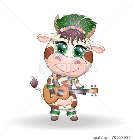 Cute cartoon bull, cow with beautiful eyes, Hawaiian hula dancer character with ukulele guitar among leaves, flowers. Chinese new year cute bull mascot Cute cartoon bull, cow with beautiful eyes, Hawaiian hula dancer character with ukulele guitar among leaves, flowers. Chinese new year cute bull mascot 70617957